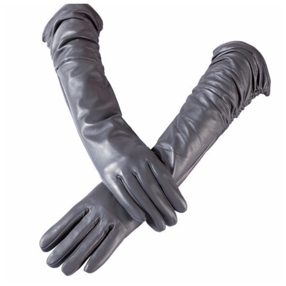 Gray Leather Ruched Cashmere Lined Gloves - Picture 2 of 7
